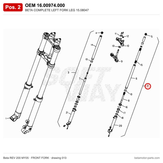 BETA COMPLETE LEFT FORK LEG 15.08047 – OEM 16.00974.000, position 2 on the Beta REV 200 MY05 front fork drawing