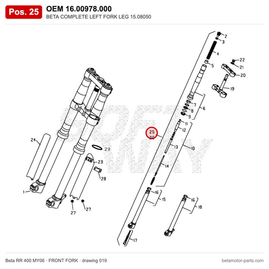 BETA COMPLETE LEFT FORK LEG 15.08050 – OEM 16.00978.000, position 25 on the Beta RR 400 MY06 front fork drawing