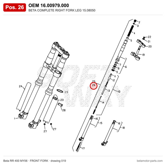 BETA COMPLETE RIGHT FORK LEG 15.08050 – OEM 16.00979.000, position 26 on the Beta RR 400 MY06 front fork drawing