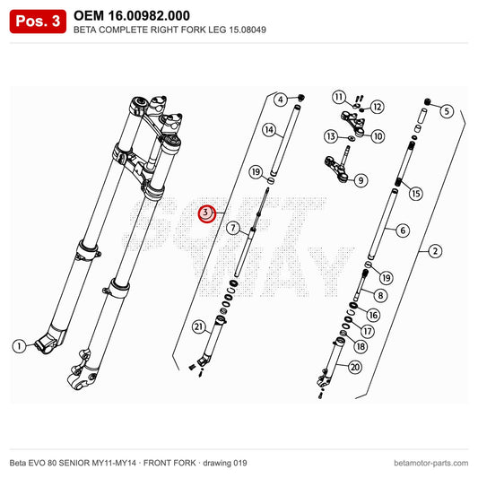 BETA COMPLETE RIGHT FORK LEG 15.08049 – OEM 16.00982.000, position 3 on the Beta EVO 80 SENIOR MY11-MY14 front fork drawing