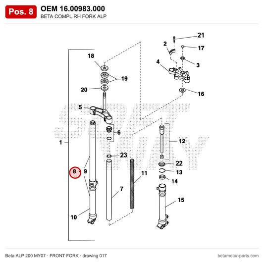 BETA COMPL.RH FORK ALP – OEM 16.00983.000, position 8 on the Beta ALP 200 MY07 front fork drawing