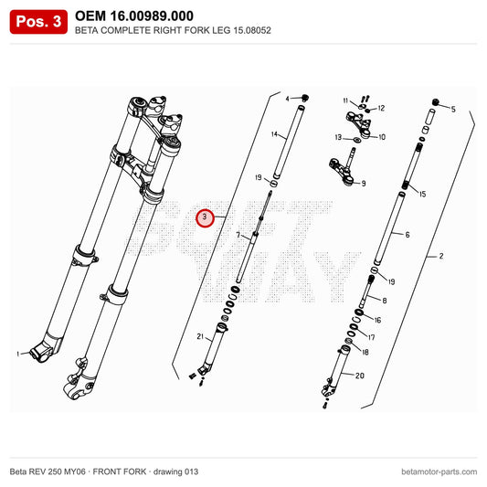BETA COMPLETE RIGHT FORK LEG 15.08052 – OEM 16.00989.000, position 3 on the Beta REV 250 MY06 front fork drawing