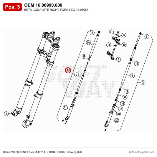 BETA COMPLETE RIGHT FORK LEG 15.08053 – OEM 16.00990.000, position 3 on the Beta EVO 80 SENIOR MY11-MY14 front fork drawing