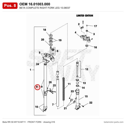 BETA COMPLETE RIGHT FORK LEG 15.08037 – OEM 16.01003.000, position 8 on the Beta RR 50 MY10-MY11 front fork drawing