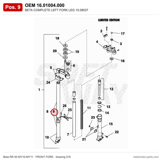 BETA COMPLETE LEFT FORK LEG 15.08037 – OEM 16.01004.000, position 9 on the Beta RR 50 MY10-MY11 front fork drawing