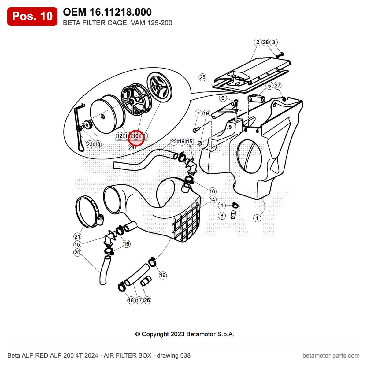 BETA FILTER CAGE, VAM 125-200 – OEM 16.11218.000, position 10 on the Beta ALP RED ALP 200 4T 2024 air filter box drawing
