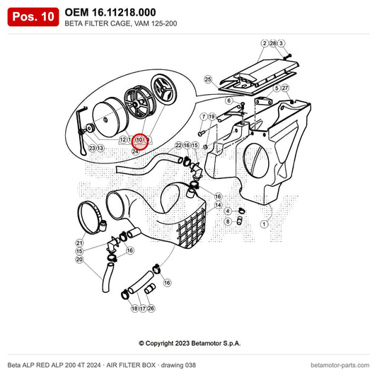 BETA FILTER CAGE, VAM 125-200 – OEM 16.11218.000, position 10 on the Beta ALP RED ALP 200 4T 2024 air filter box drawing