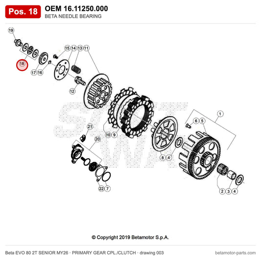 BETA NEEDLE BEARING – OEM 16.11250.000, position 18 on the Beta EVO 80 2T SENIOR MY26 primary gear cpl./clutch drawing