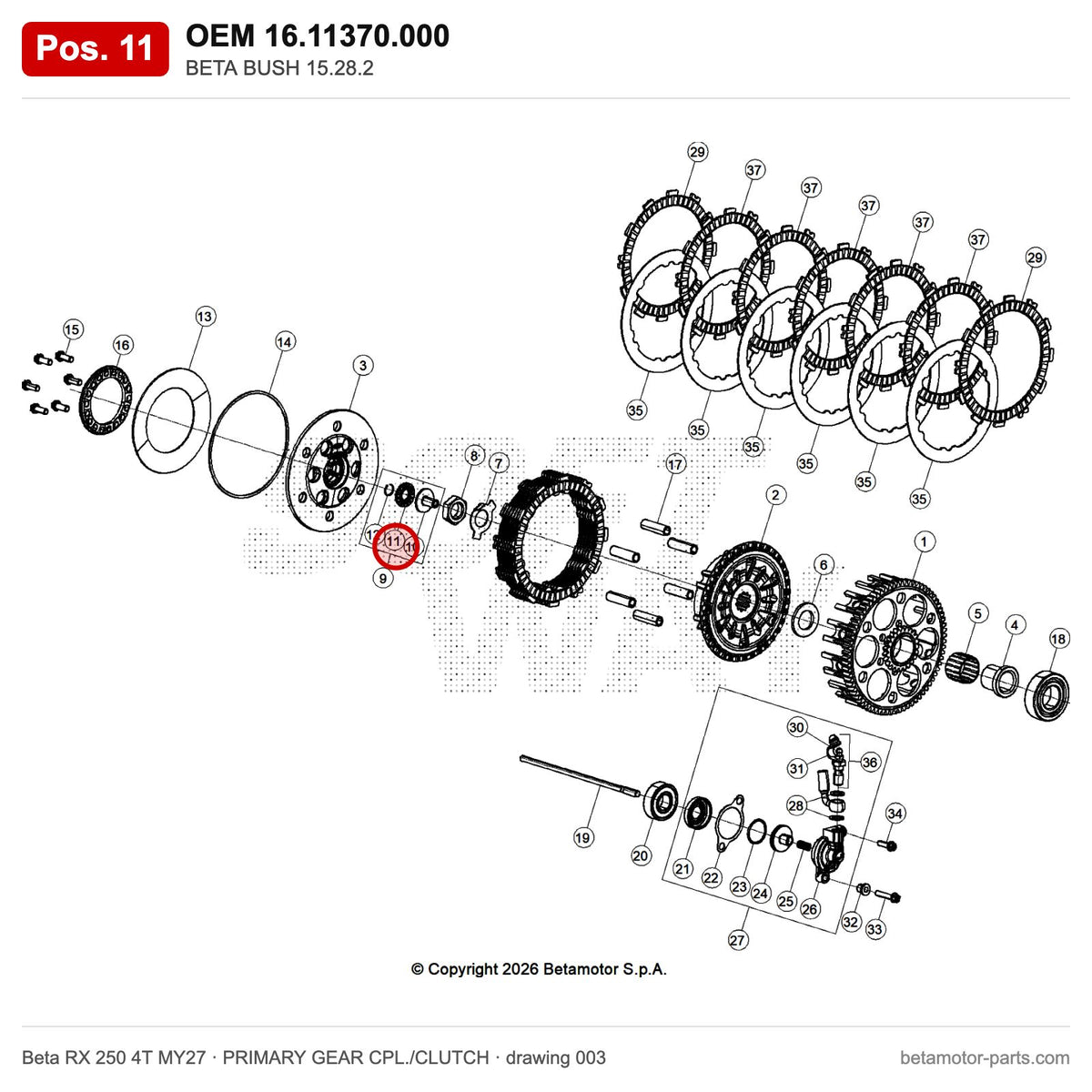 BETA BUSH 15.28.2 – OEM 16.11370.000, position 11 on the Beta RX 250 4T MY27 primary gear cpl./clutch drawing