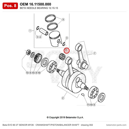 BETA NEEDLE BEARING 12.15.15 – OEM 16.11500.000, position 8 on the Beta EVO 80 2T SENIOR MY26 crankshaft/piston/balancer shaft drawing