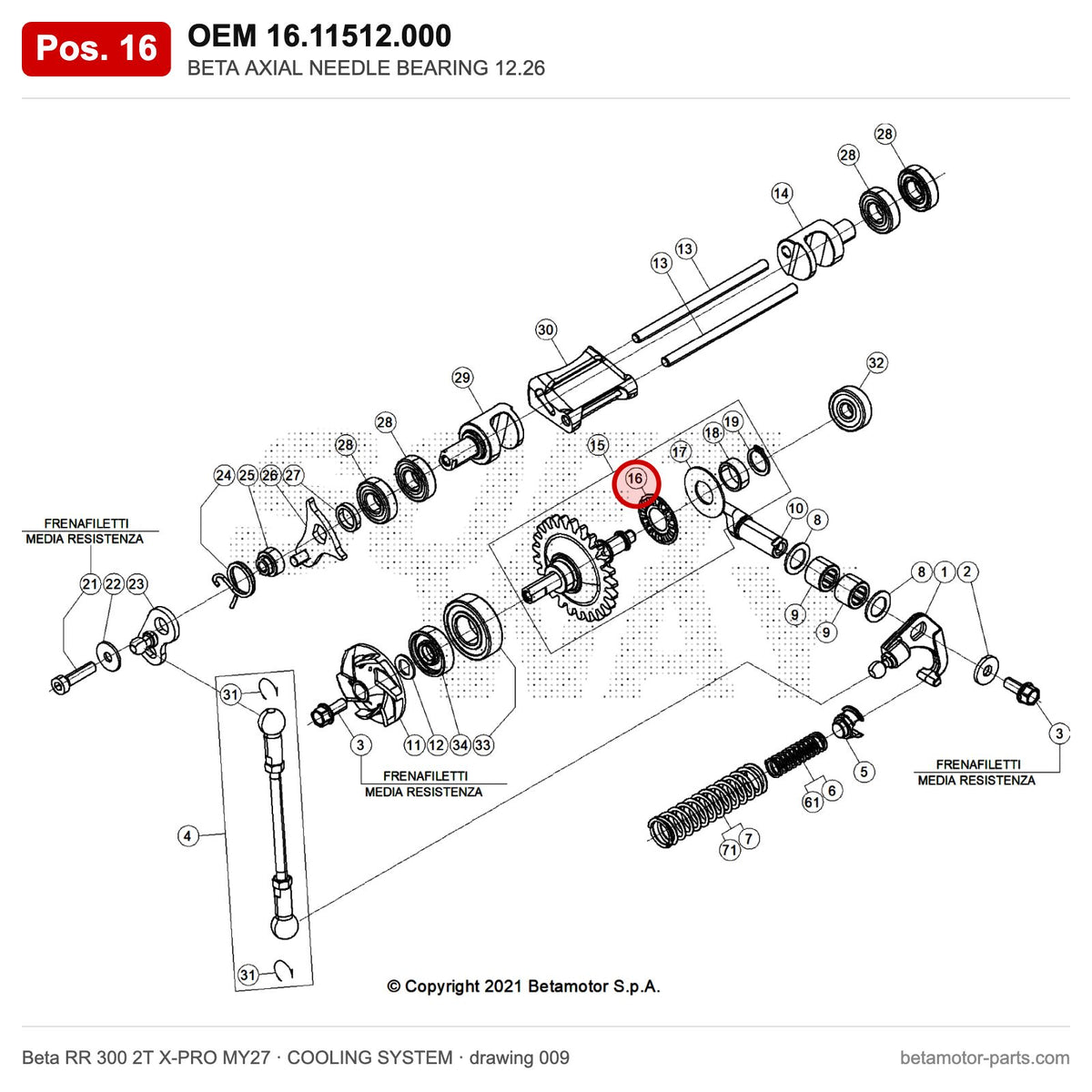 BETA AXIAL NEEDLE BEARING 12.26 – OEM 16.11512.000, position 16 on the Beta RR 300 2T X-PRO MY27 cooling system drawing