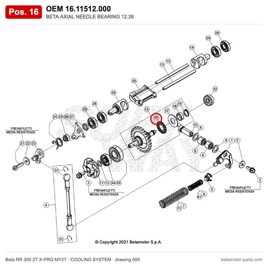 BETA AXIAL NEEDLE BEARING 12.26 – OEM 16.11512.000, position 16 on the Beta RR 300 2T X-PRO MY27 cooling system drawing