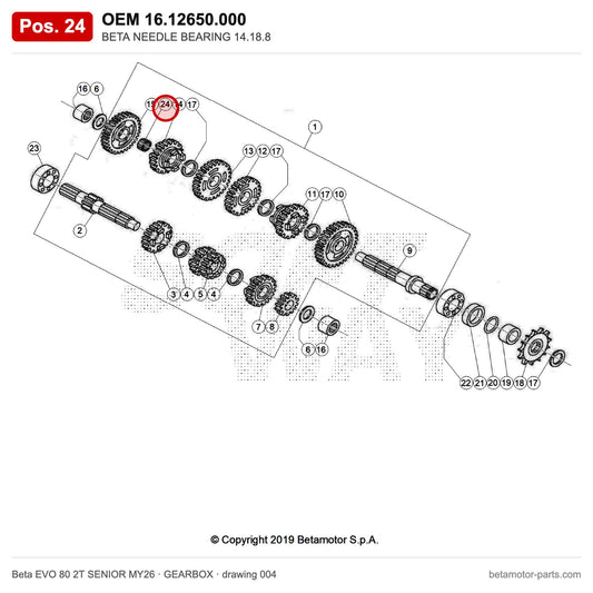 BETA NEEDLE BEARING 14.18.8 – OEM 16.12650.000, position 24 on the Beta EVO 80 2T SENIOR MY26 gearbox drawing