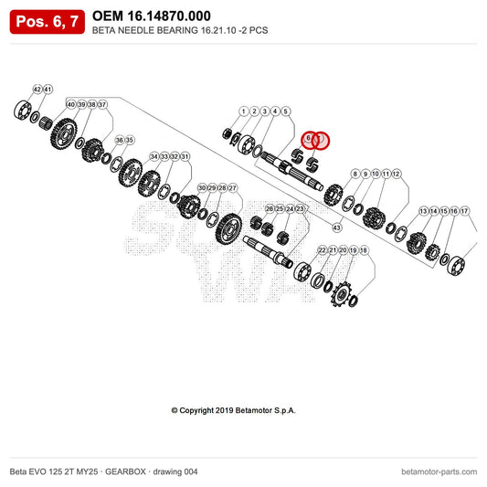 BETA NEEDLE BEARING 16.21.10 -2 PCS – OEM 16.14870.000, positions 6,7 on the Beta EVO 125 2T MY25 gearbox drawing