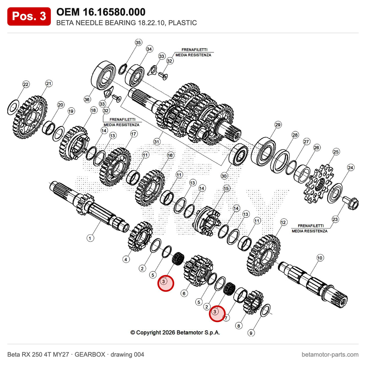 BETA NEEDLE BEARING 18.22.10, PLASTIC – OEM 16.16580.000, position 3 on the Beta RX 250 4T MY27 gearbox drawing