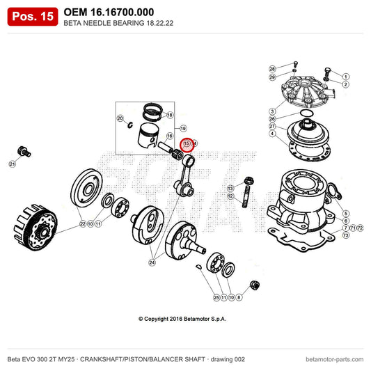 BETA NEEDLE BEARING 18.22.22 – OEM 16.16700.000, position 15 on the Beta EVO 300 2T MY25 crankshaft/piston/balancer shaft drawing