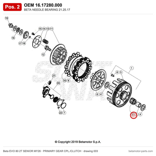 BETA NEEDLE BEARING 21.25.17 – OEM 16.17280.000, position 2 on the Beta EVO 80 2T SENIOR MY26 primary gear cpl./clutch drawing