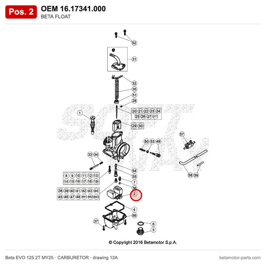 BETA FLOAT – OEM 16.17341.000, position 2 on the Beta EVO 125 2T MY25 carburetor drawing