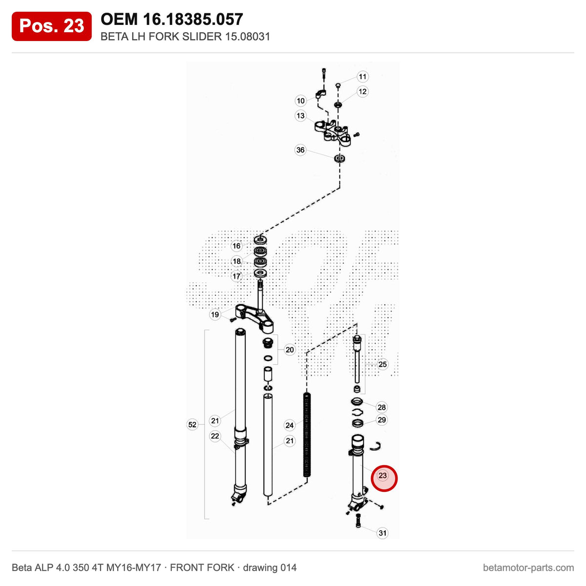 BETA LH FORK SLIDER 15.08031 – OEM 16.18385.057, position 23 on the Beta ALP 4.0 350 4T MY16-MY17 front fork drawing