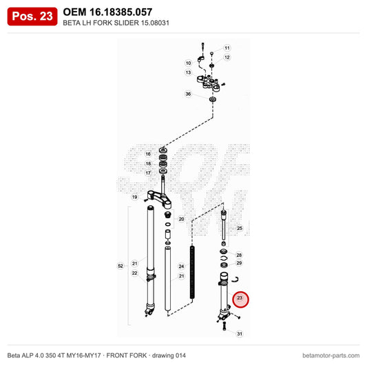 BETA LH FORK SLIDER 15.08031 – OEM 16.18385.057, position 23 on the Beta ALP 4.0 350 4T MY16-MY17 front fork drawing