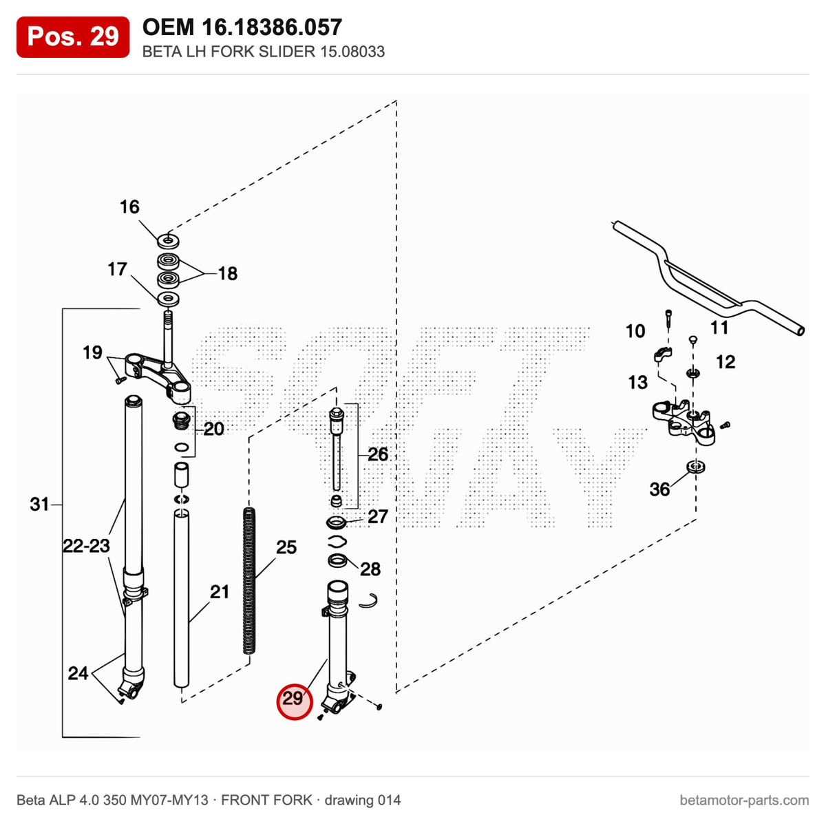 BETA LH FORK SLIDER 15.08033 – OEM 16.18386.057, position 29 on the Beta ALP 4.0 350 MY07-MY13 front fork drawing