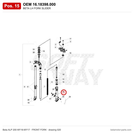 BETA LH FORK SLIDER – OEM 16.18398.000, position 15 on the Beta ALP 200 MY16-MY17 front fork drawing