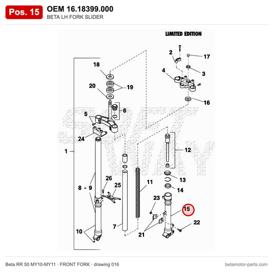 BETA LH FORK SLIDER – OEM 16.18399.000, position 15 on the Beta RR 50 MY10-MY11 front fork drawing