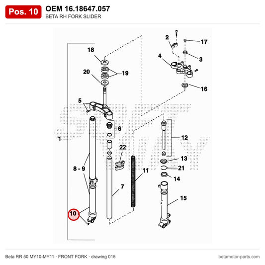 BETA RH FORK SLIDER – OEM 16.18647.057, position 10 on the Beta RR 50 MY10-MY11 front fork drawing