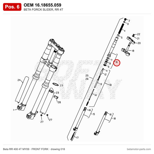 BETA FORCK SLIDER, RR 4T – OEM 16.18655.059, position 6 on the Beta RR 400 4T MY09 front fork drawing