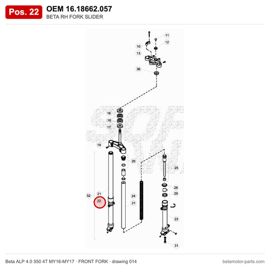 BETA RH FORK SLIDER – OEM 16.18662.057, position 22 on the Beta ALP 4.0 350 4T MY16-MY17 front fork drawing