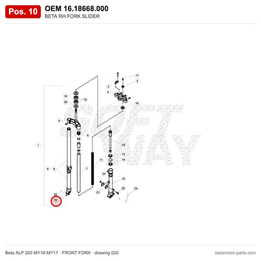 BETA RH FORK SLIDER – OEM 16.18668.000, position 10 on the Beta ALP 200 MY16-MY17 front fork drawing