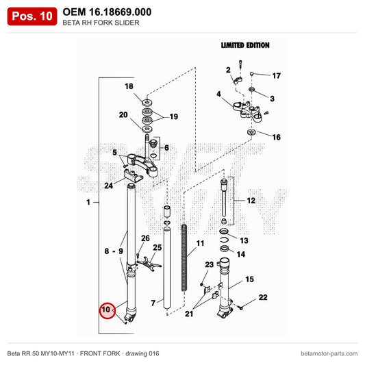 BETA RH FORK SLIDER – OEM 16.18669.000, position 10 on the Beta RR 50 MY10-MY11 front fork drawing