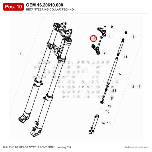 BETA STEERING COLLAR TECHNO – OEM 16.20610.000, position 10 on the Beta EVO 80 JUNIOR MY17 front fork drawing
