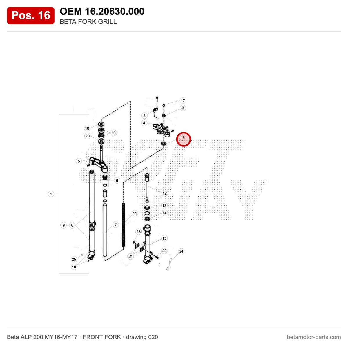 BETA FORK GRILL – OEM 16.20630.000, position 16 on the Beta ALP 200 MY16-MY17 front fork drawing
