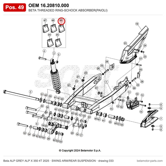 BETA THREADED RING-SCHOCK ABSORBER(PAIOLI) – OEM 16.20810.000, position 49 on the Beta ALP GREY ALP X 350 4T 2025 swing arm/rear suspension drawing