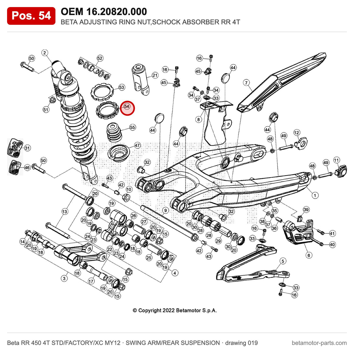 BETA ADJUSTING RING NUT,SCHOCK ABSORBER RR 4T – OEM 16.20820.000, position 54 on the Beta RR 450 4T STD/FACTORY/XC MY12 swing arm/rear suspension drawing