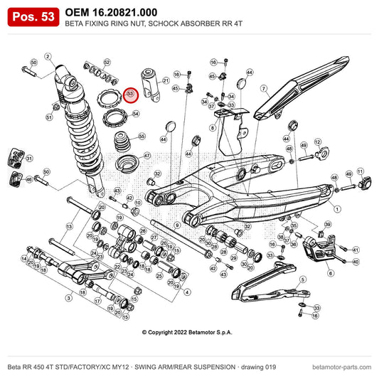 BETA FIXING RING NUT, SCHOCK ABSORBER RR 4T – OEM 16.20821.000, position 53 on the Beta RR 450 4T STD/FACTORY/XC MY12 swing arm/rear suspension drawing