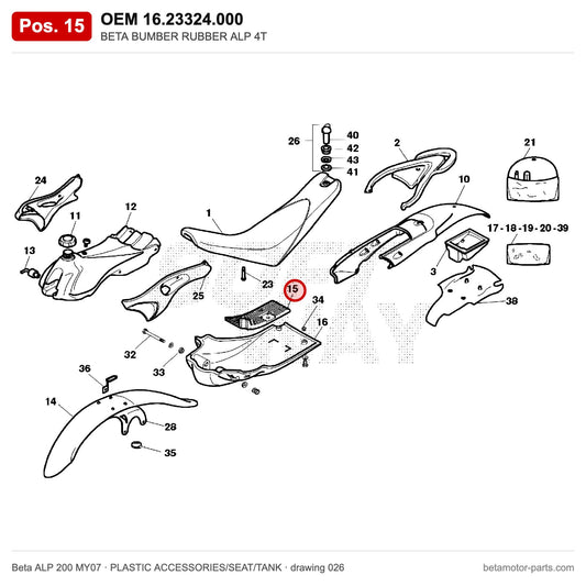 BETA BUMBER RUBBER ALP 4T – OEM 16.23324.000, position 15 on the Beta ALP 200 MY07 plastic accessories/seat/tank drawing