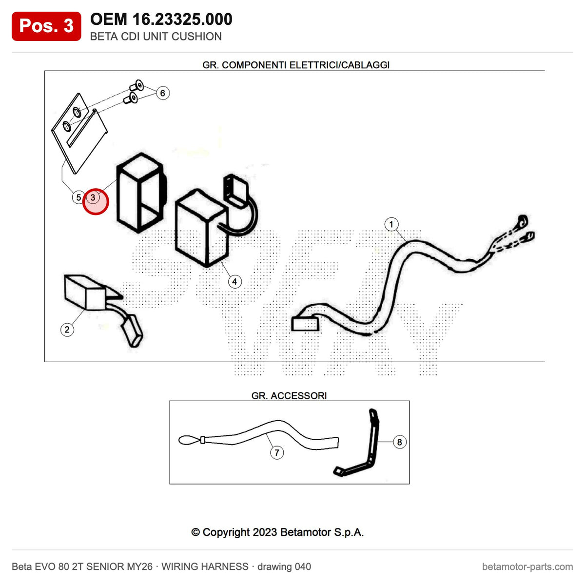 BETA CDI UNIT CUSHION – OEM 16.23325.000, position 3 on the Beta EVO 80 2T SENIOR MY26 wiring harness drawing
