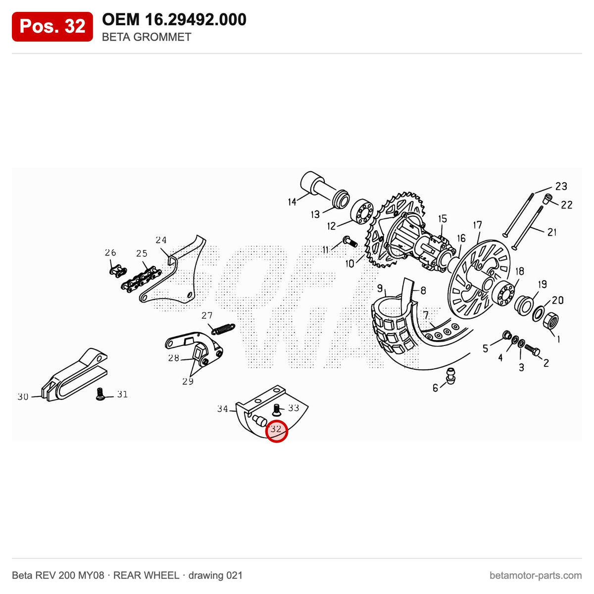 BETA GROMMET – OEM 16.29492.000, position 32 on the Beta REV 200 MY08 rear wheel drawing