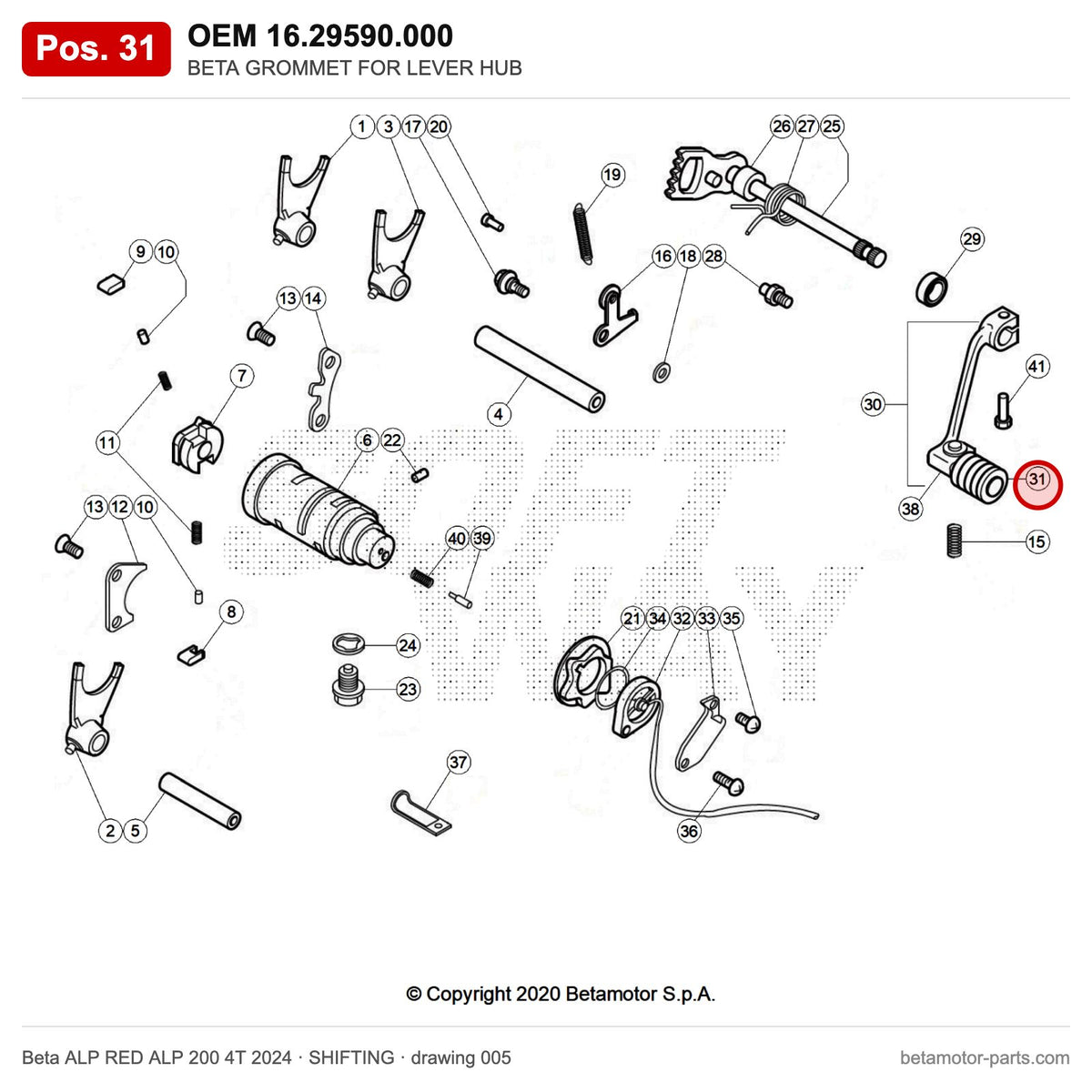 BETA GROMMET FOR LEVER HUB – OEM 16.29590.000, position 31 on the Beta ALP RED ALP 200 4T 2024 shifting drawing