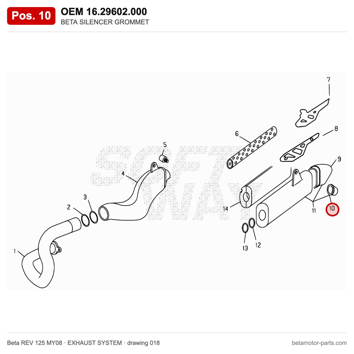 BETA SILENCER GROMMET – OEM 16.29602.000, position 10 on the Beta REV 125 MY08 exhaust system drawing