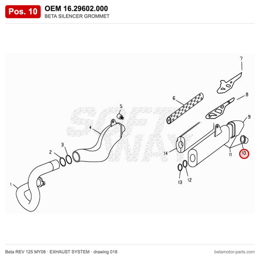 BETA SILENCER GROMMET – OEM 16.29602.000, position 10 on the Beta REV 125 MY08 exhaust system drawing