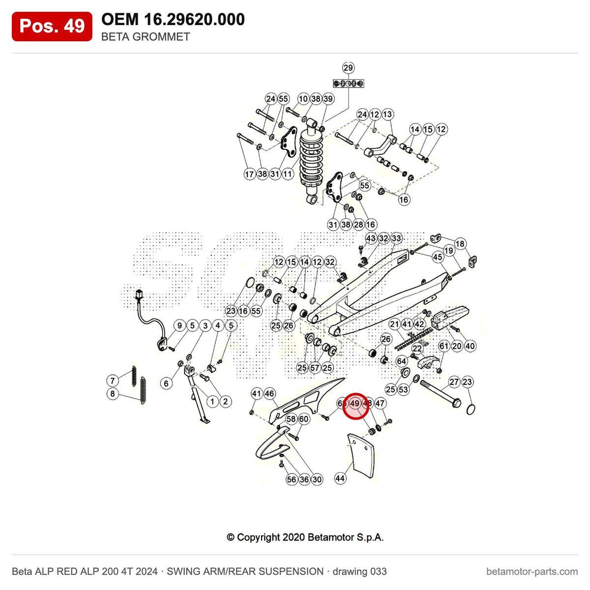 BETA GROMMET – OEM 16.29620.000, position 49 on the Beta ALP RED ALP 200 4T 2024 swing arm/rear suspension drawing