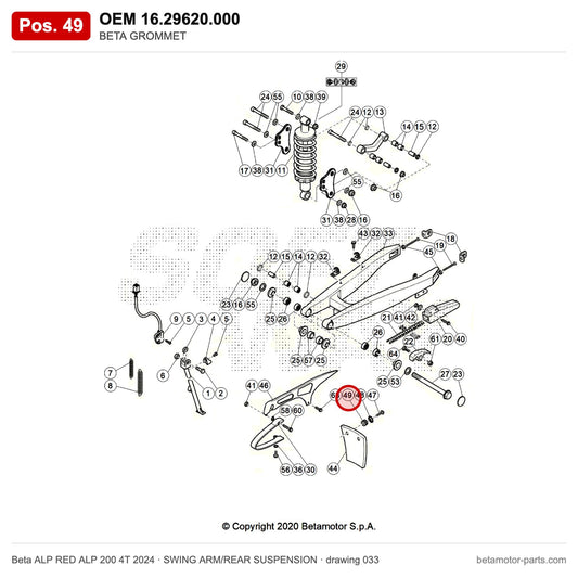 BETA GROMMET – OEM 16.29620.000, position 49 on the Beta ALP RED ALP 200 4T 2024 swing arm/rear suspension drawing
