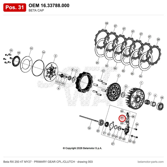 BETA CAP – OEM 16.33788.000, position 31 on the Beta RX 250 4T MY27 primary gear cpl./clutch drawing