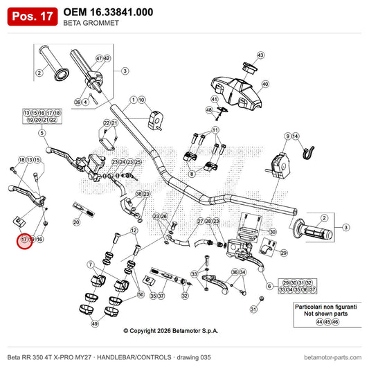 BETA GROMMET – OEM 16.33841.000, position 17 on the Beta RR 350 4T X-PRO MY27 handlebar/controls drawing