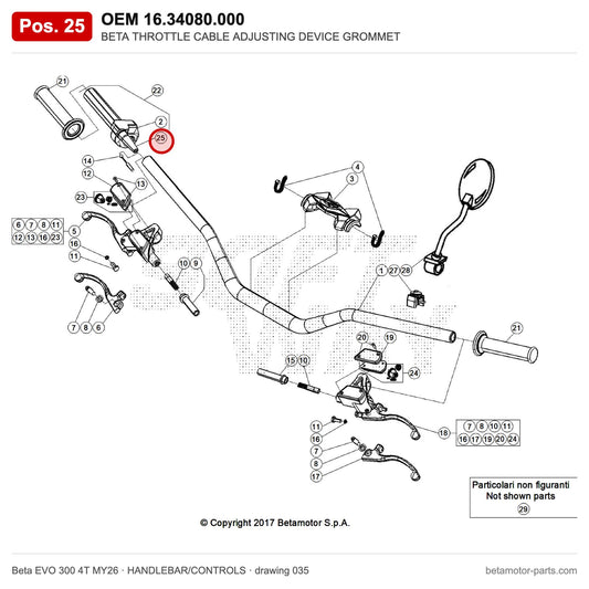 BETA THROTTLE CABLE ADJUSTING DEVICE GROMMET – OEM 16.34080.000, position 25 on the Beta EVO 300 4T MY26 handlebar/controls drawing