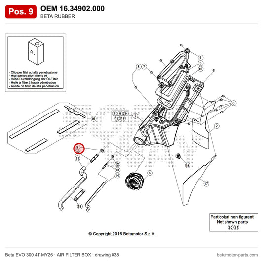 BETA RUBBER – OEM 16.34902.000, position 9 on the Beta EVO 300 4T MY26 air filter box drawing