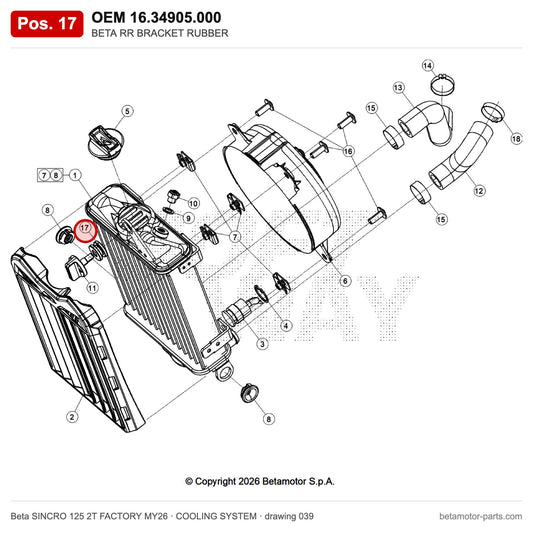 BETA RR BRACKET RUBBER – OEM 16.34905.000, position 17 on the Beta SINCRO 125 2T FACTORY MY26 cooling system drawing